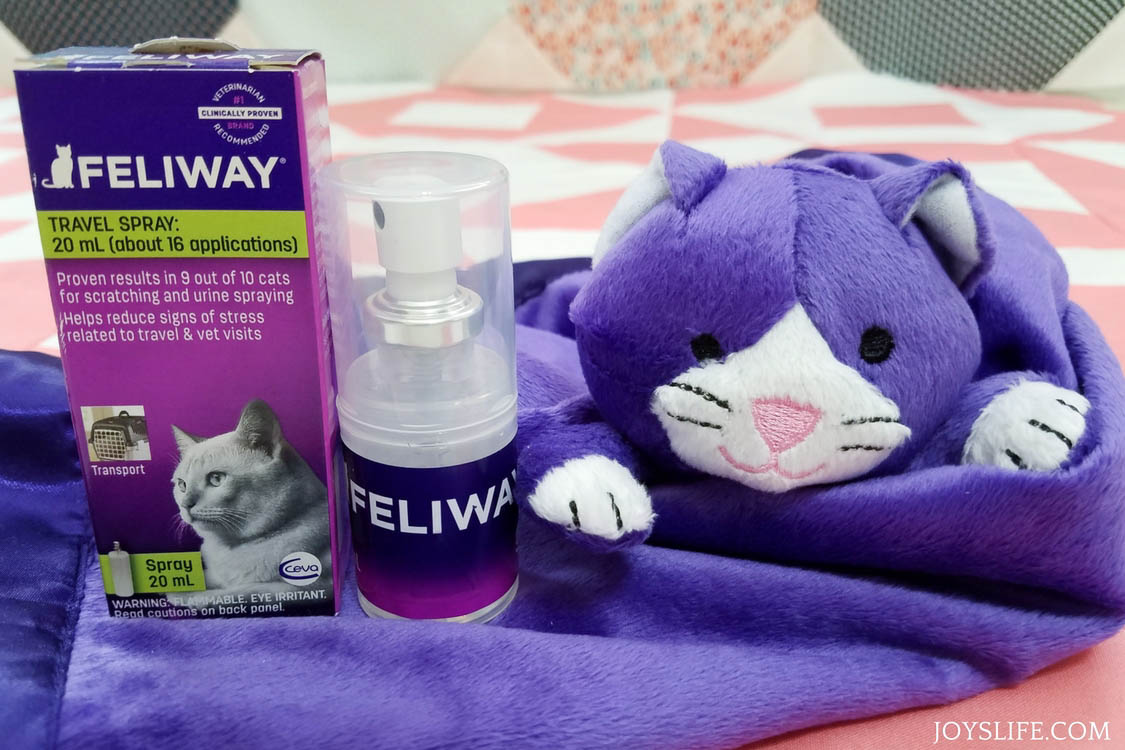 feliway travel spray and purple cat blanket