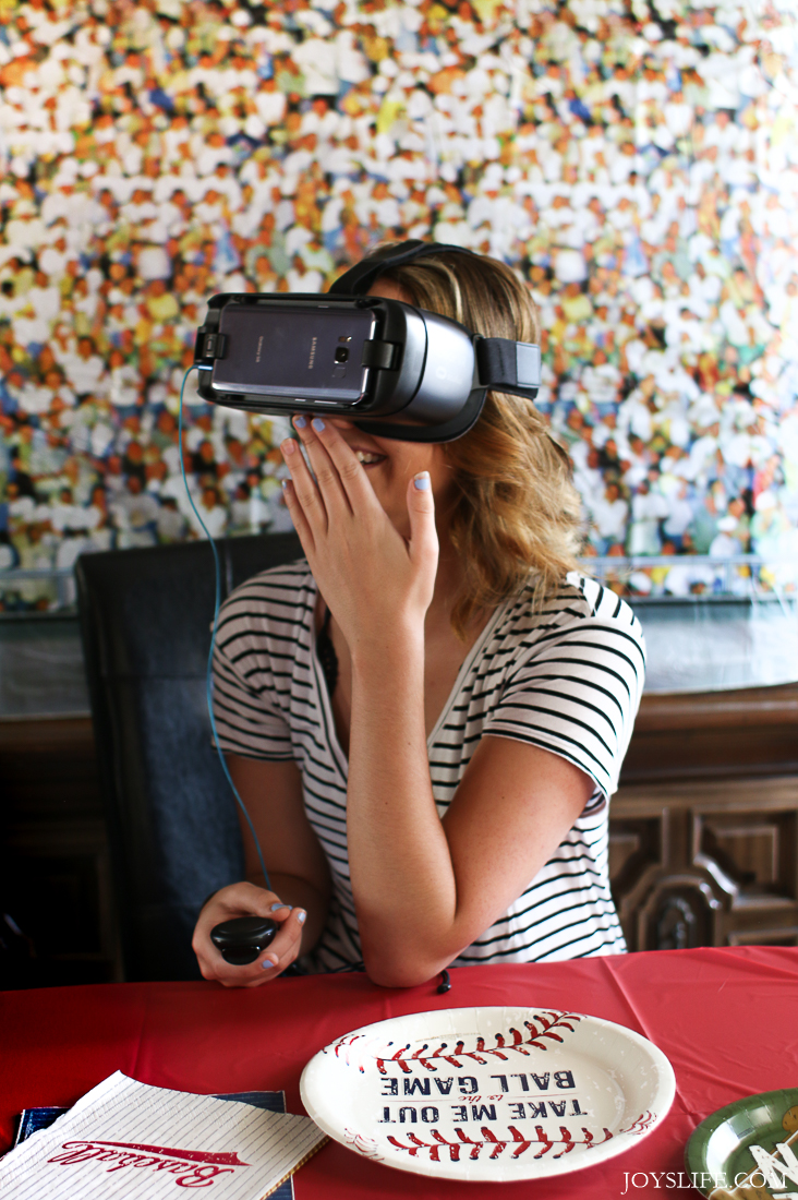 laughing wearing samsung gear vr headset