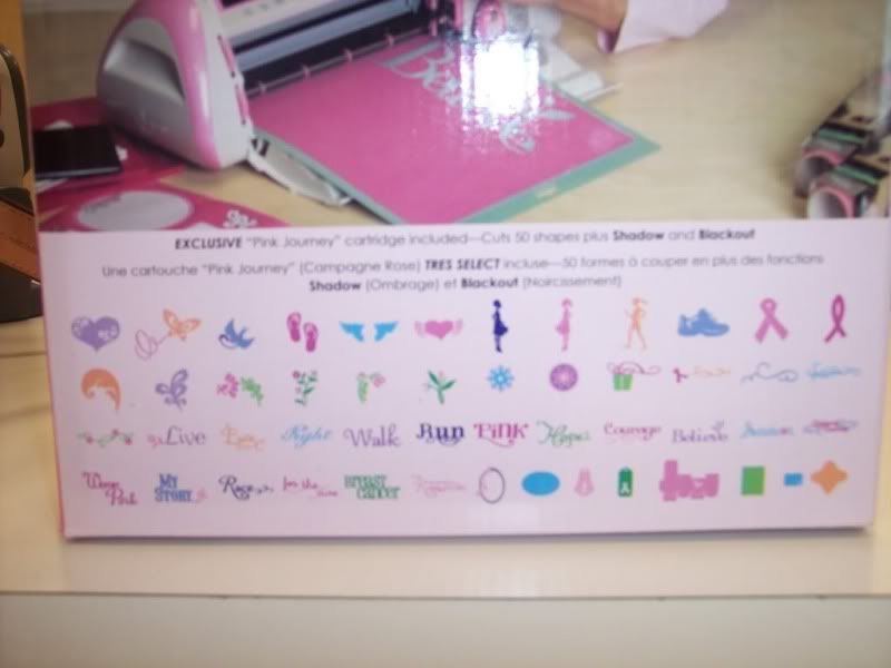 Close-up of Cricut Pink Journey cartridge designs, including shapes, ribbons, and phrases.