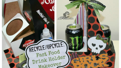 Upcycled fast food drink holder decorated with Cricut Rock Princess skull design, Monster energy drinks, and polka dot scrapbook paper.