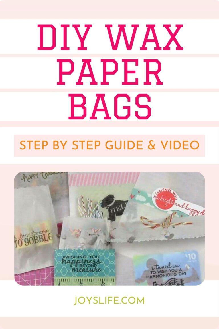 Pinterest pin image showing DIY wax paper bags tutorial with stamped and decorated wax paper bags in different sizes, customized with Washi tape and twine.