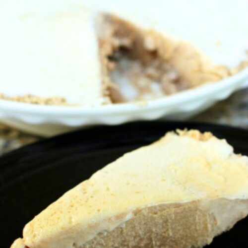 slice of easy peanut butter ice cream pie with graham cracker crust and creamy peanut butter filling on a plate