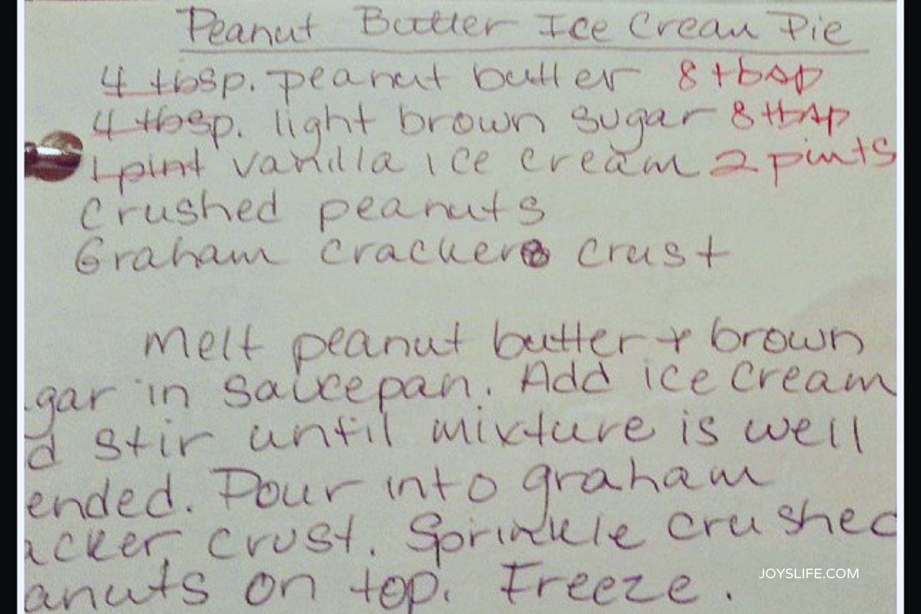 handwritten peanut butter ice cream pie recipe card with ingredients and instructions from joyslife.com