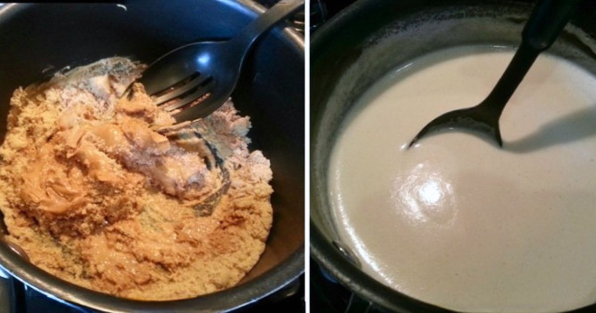 stirring peanut butter and sugar mixture and blending creamy filling for ice cream pie from joyslife.com