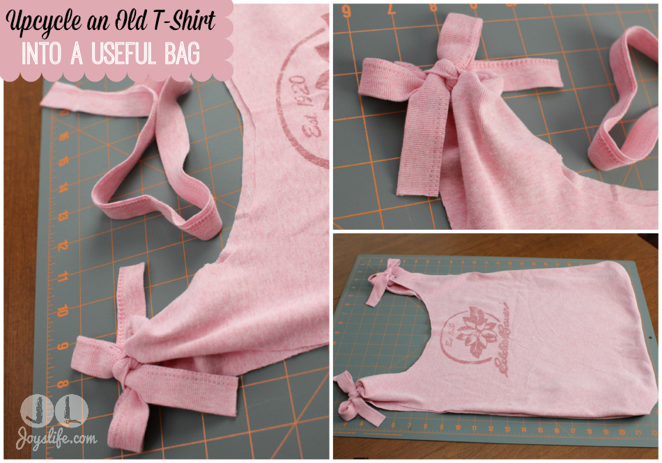 steps for turning an old t shirt into a reusable t shirt bag using simple sewing
