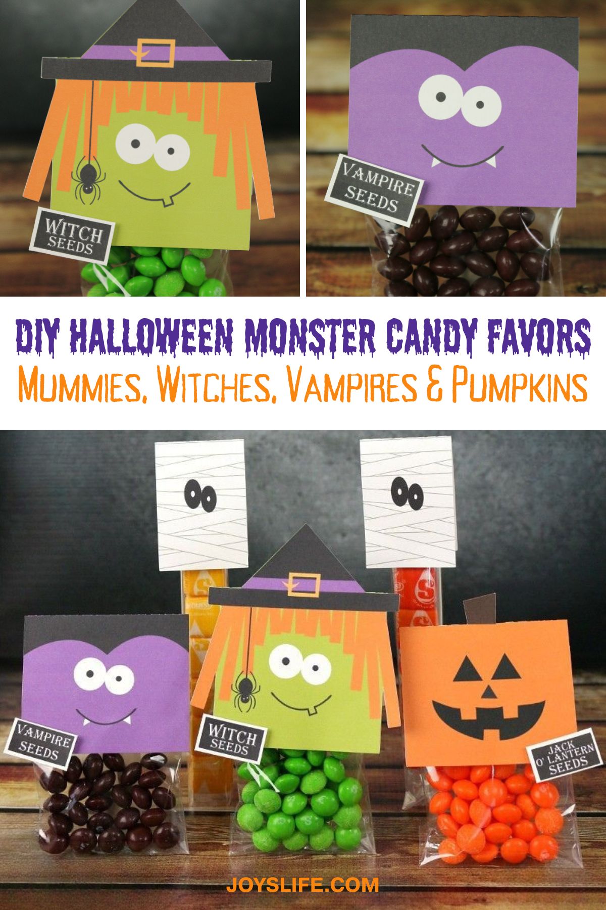 DIY Halloween monster candy favors – treat bags with vampire, witch, mummy, and pumpkin toppers filled with matching colorful candy.
