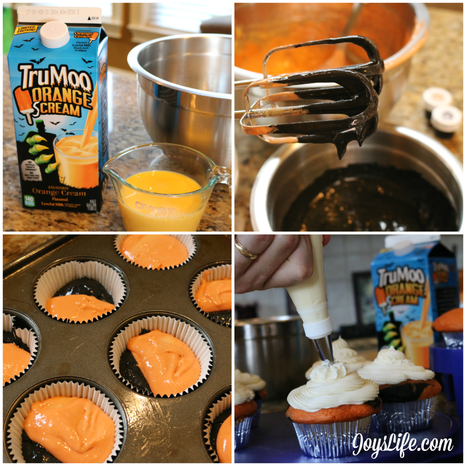 Perfect Halloween Food! Black & Orange Swirled TruMoo Orange Scream Cupcakes #HalloweenFood #TruMooTreats #ad