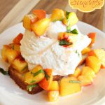 pound cake and peaches sundae with fresh peaches basil and vanilla ice cream on plate joyslife.com