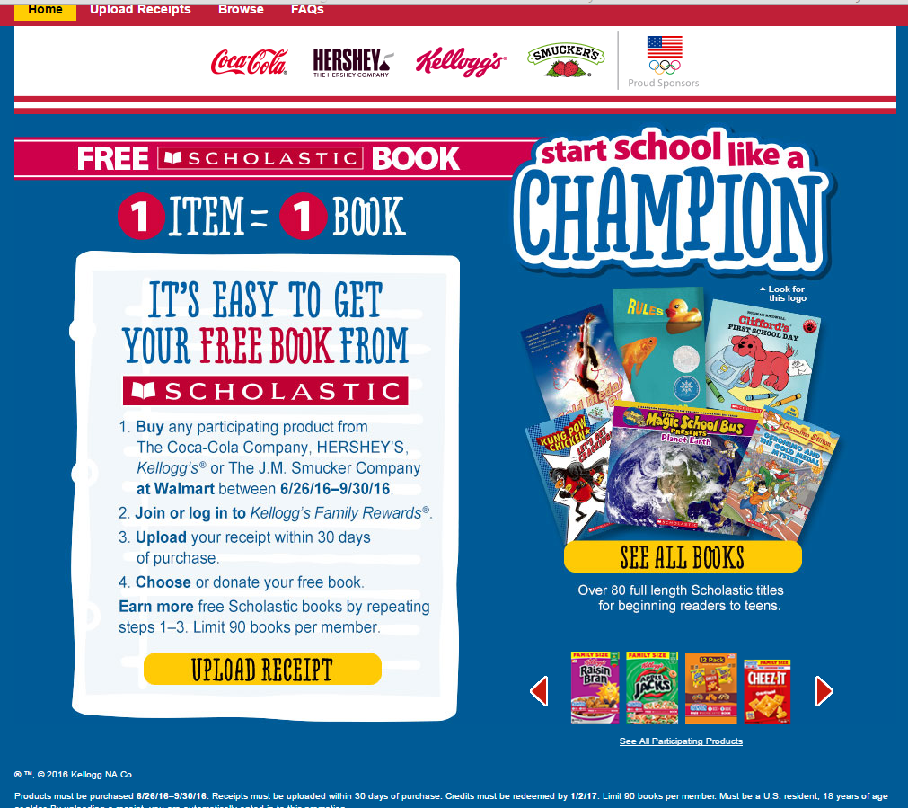 Coca-Cola®, Kellogg’s®, HERSHEY’S, and ©/® J.M. Smucker have teamed up with Scholastic to create the Walmart exclusive “Start School Like a Champion” program