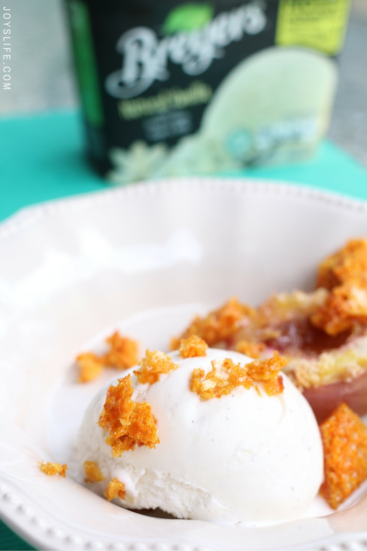 Roasted White Peaches with Honeycomb and Vanilla Ice Cream