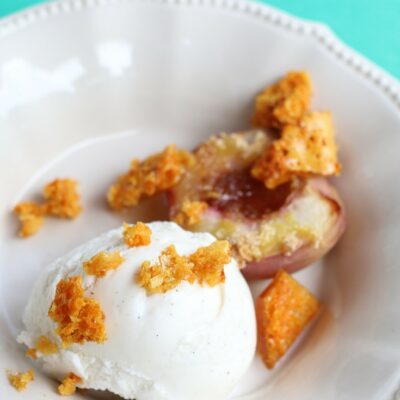 Roasted White Peaches with Honeycomb and Vanilla Ice Cream