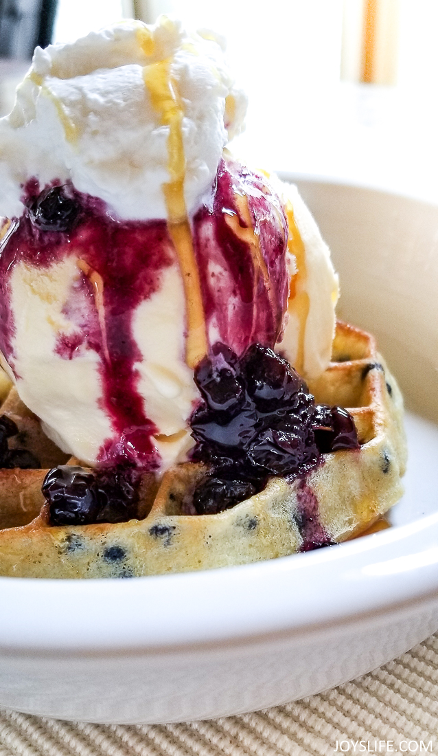 Belgian Waffles and Blueberry Compote Ice Cream Dessert #waffleicecream #belgianwaffle