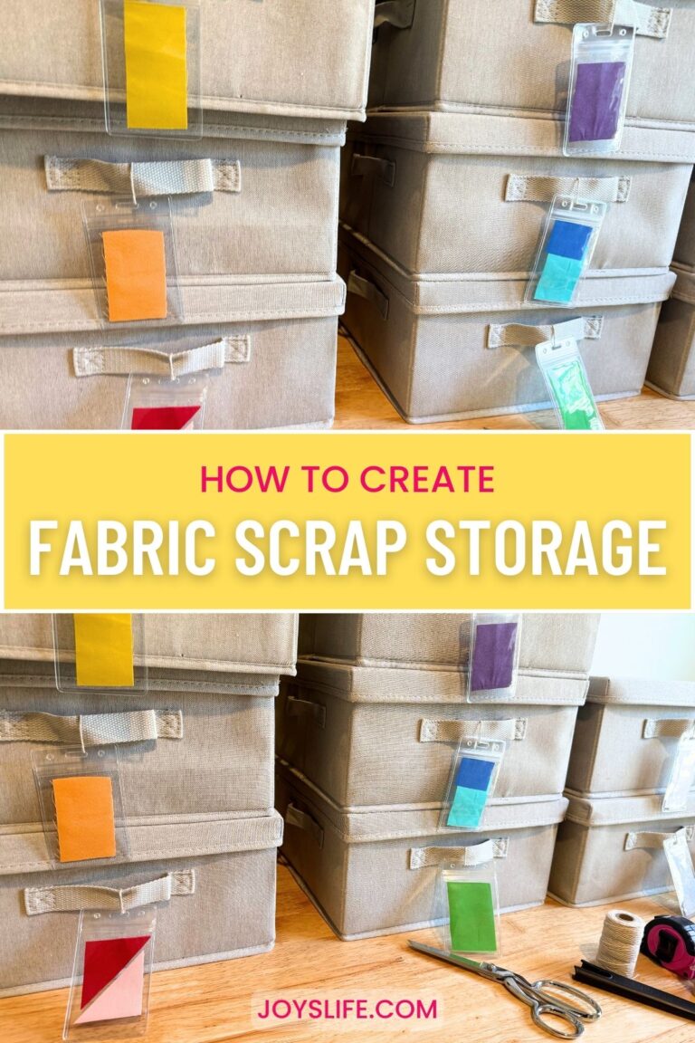 Fabric scrap storage idea using light gray bins with clear tag holders and color swatches for organization.