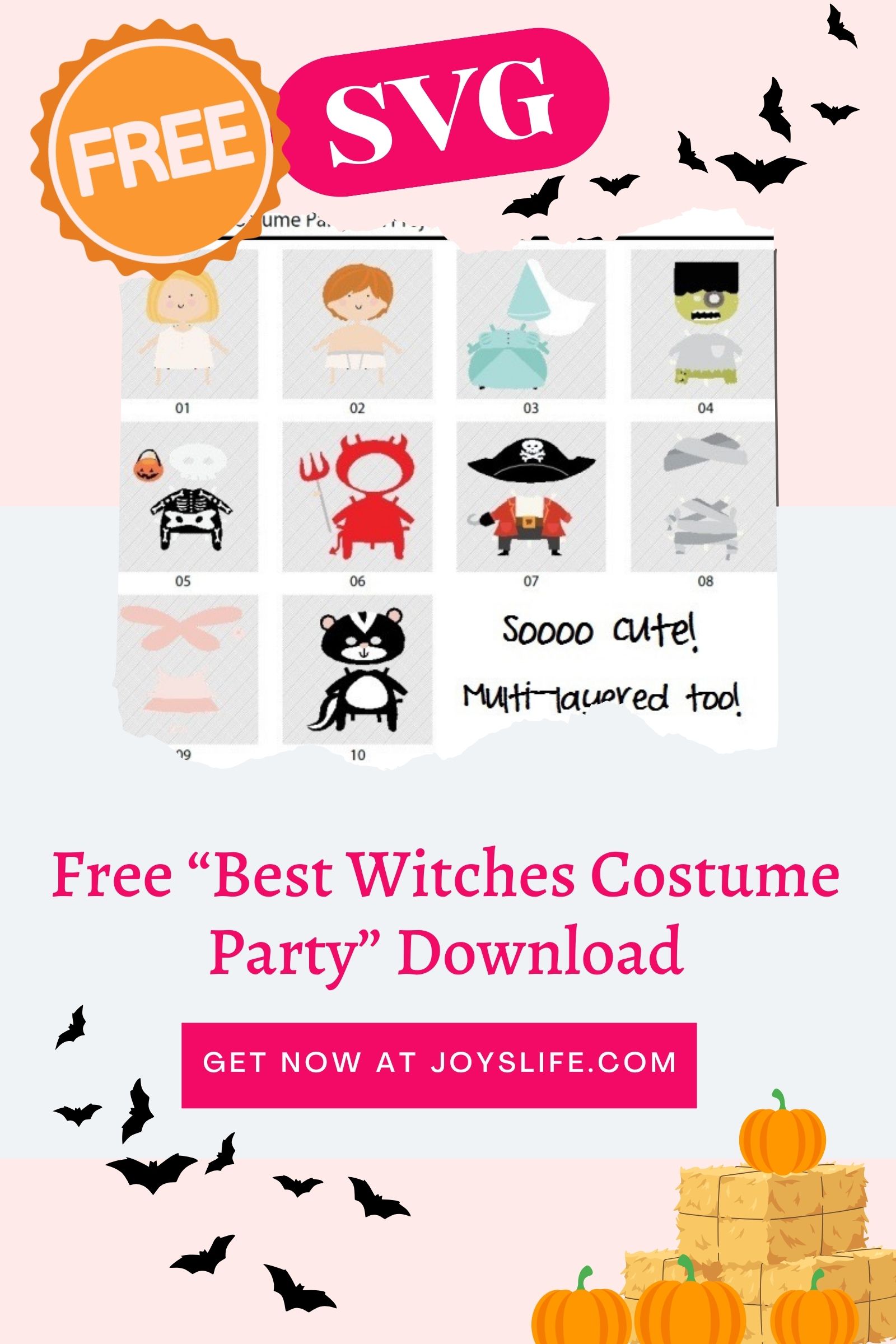 Preview of Best Witches Costume Party Halloween SVG set showing 10 illustrated characters and costumes, with a “Free SVG” badge, bats, pumpkins, and a pink background.