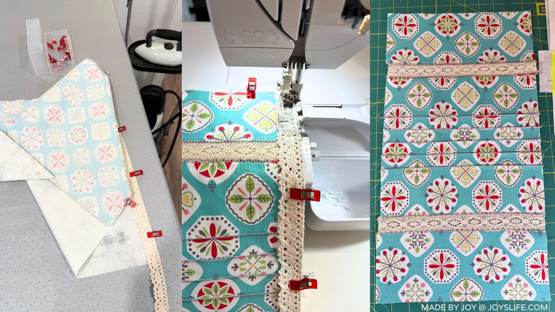 Photo collage showing the Hideaway Hanger Safe sewing project in progress. Fabric with teal, red, and green geometric prints is clipped with red sewing clips, lace trim is stitched on a Bernina L890 serger, and a completed panel with pin tucks and lace is laid on a green cutting mat.