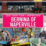 Bernina of Naperville storefront and quilt shop interior with fabric shelves, sewing machines, handmade bags, and an aqua chair sewing nook.