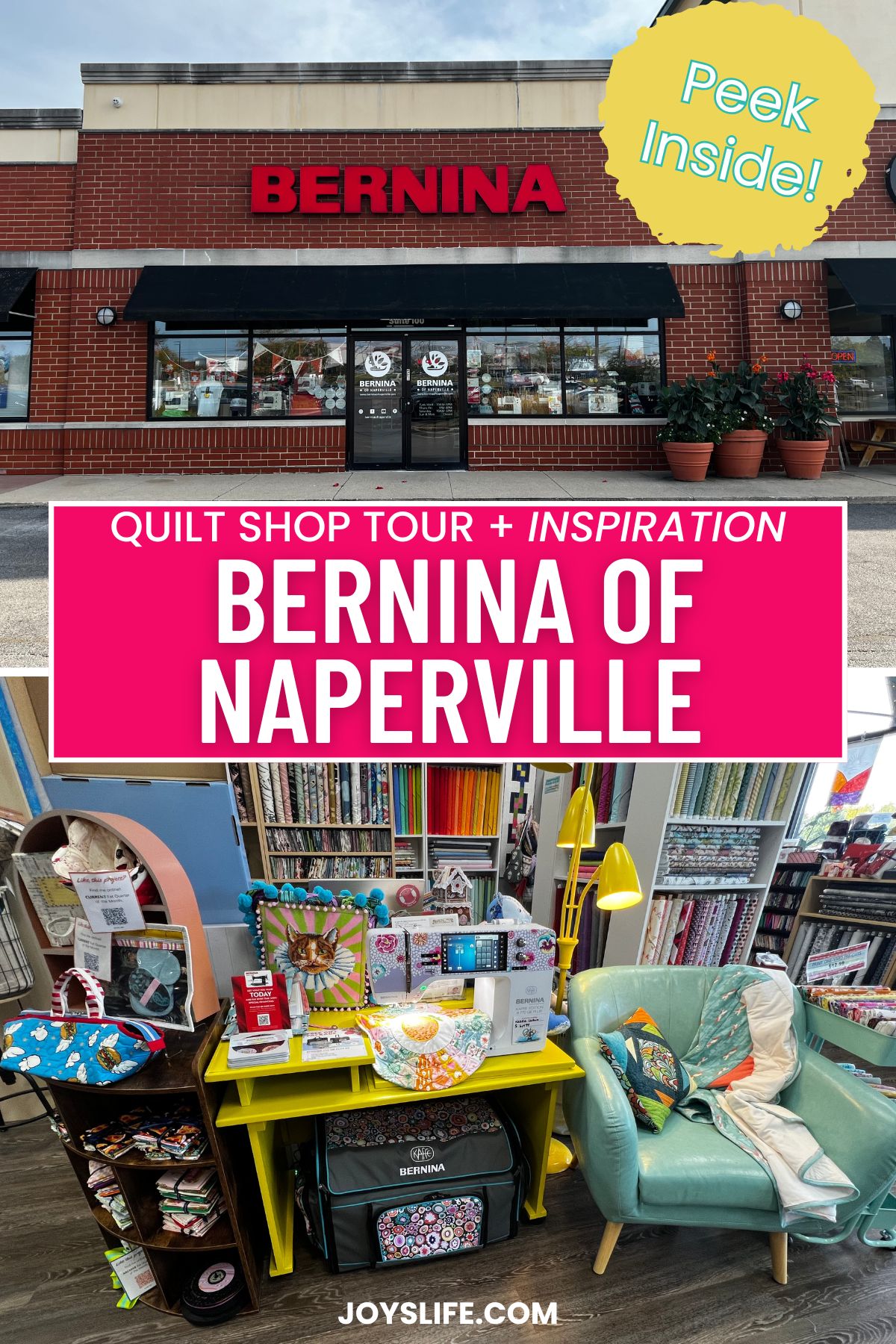 Bernina of Naperville storefront and quilt shop interior with fabric shelves, sewing machines, handmade bags, and an aqua chair sewing nook.