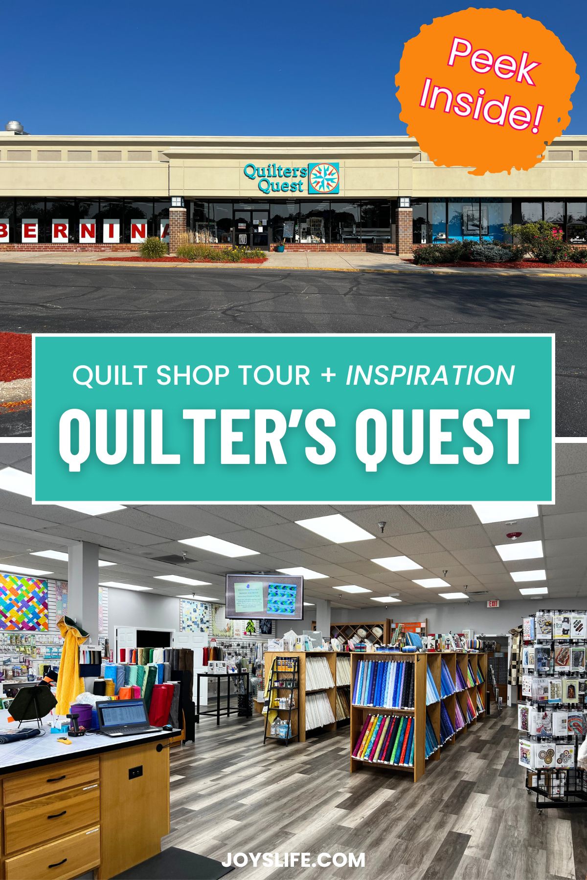 Quilter’s Quest quilt shop in Downers Grove Illinois with exterior storefront view and interior showing fabric shelves, color sorted bolts, and wide shopping aisles. Banner text overlay includes JoysLife.com.